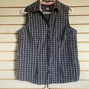Basic Editions Women's Large Navy W/ White‎ Anchors Sleeveless Button Shirt L
